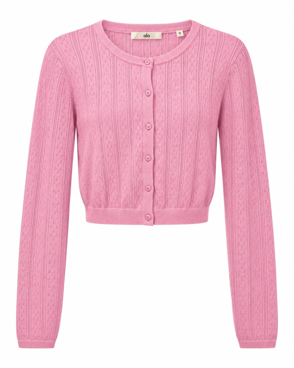 Alo Yoga Pointelle Sweater Be Mine Cardigan Size M Pink Cropped Retail $148